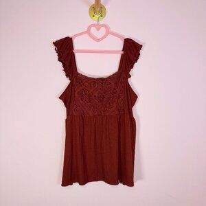 Torrid Rust Lace Babydoll Top – Ruffle Sleeves, Flowy Fit, 1X, EUC
